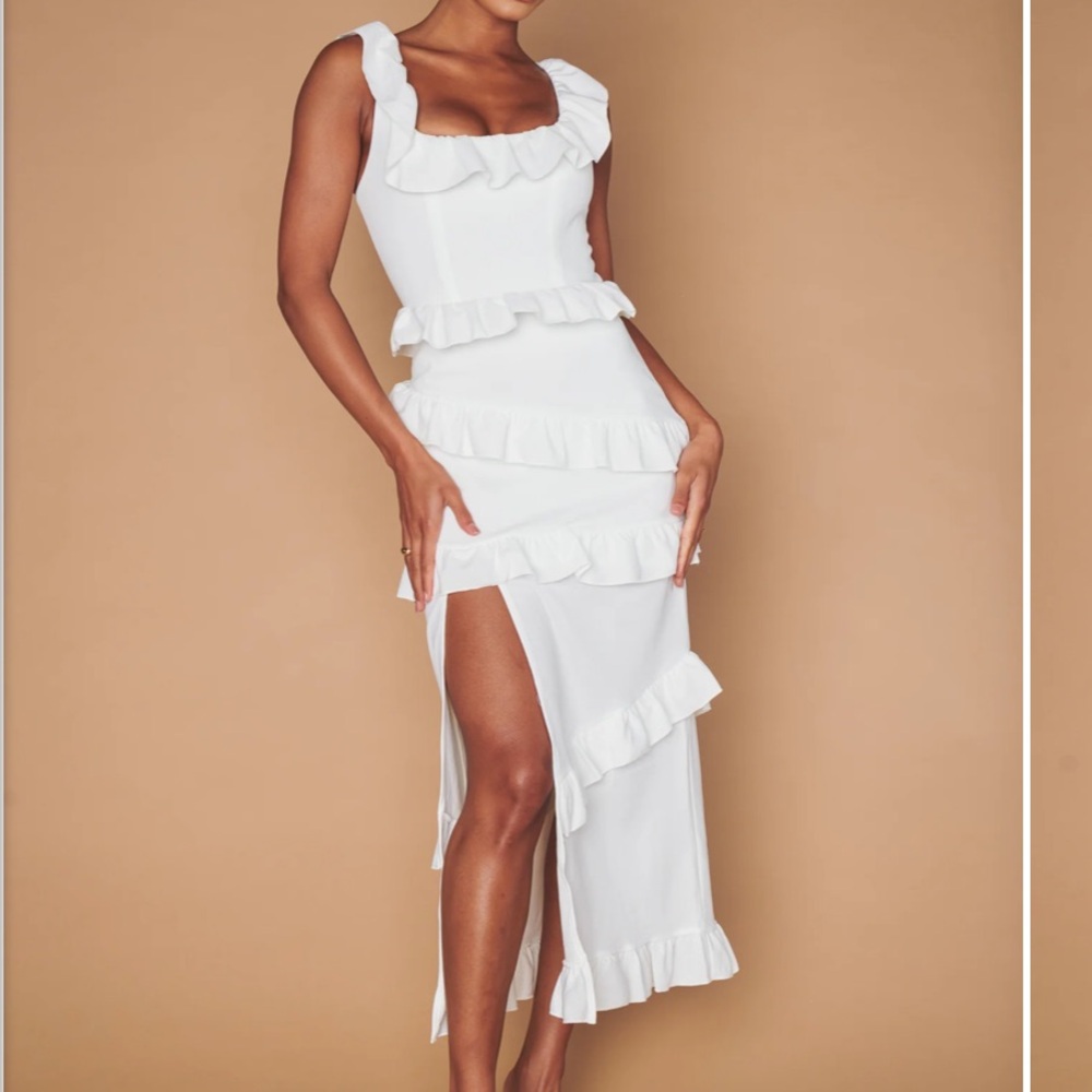 Show Me Your MuMu White Ruffle Midi Dress